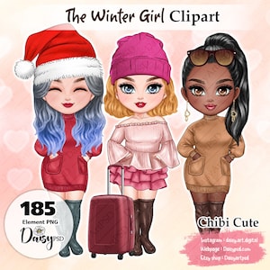 Clipart ragazza invernale, clipart Chibi dei migliori amici, clipart natalizia delle bestie, ragazza di Natale, clipart delle sorelle dell'anima, clipart personalizzabile.