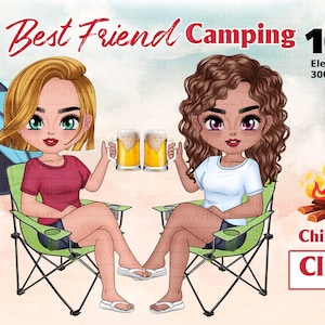 Clipart de camping: "Best Friends Chibi". Moda de verano. Gráficos Clipart exterior. Mejores amigos. Clipart de viaje. Regalos Camper personalizable.