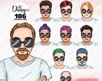 Men's Colorful Hairstyles Clipart: Supportive PNG Images (Digital Download)
