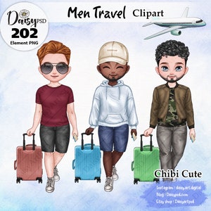 Imágenes prediseñadas de viaje para hombres, imágenes prediseñadas de maleta, imágenes prediseñadas de mejor amigo, imágenes prediseñadas de planificador, imágenes prediseñadas de vacaciones, Chibi de viaje de verano, imágenes prediseñadas de vacaciones.