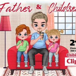 Padre e hijos Chibi Clipart, Padre e Hijo e Hija, Clipart del Día del Padre, The Best Dad Clipart, Family Together, Regalos personalizados