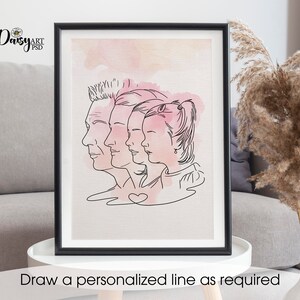 Retrato digital sin rostro personalizado para 4 personas, dibujo de una línea, dibujo de tatuaje, retrato familiar a partir de una foto, regalo personalizado.