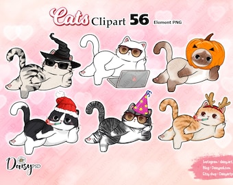Funny Cats Clipart Set: Kawaii Kitten PNG Stickers (Digital Download)