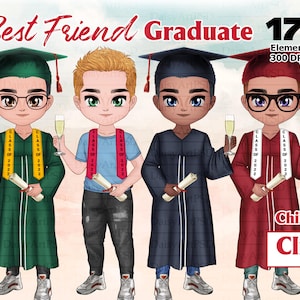 Clipart de chibi de formatura, meninos bonitos de formatura, chapéus de formatura, clipart de escolas, aluno do último ano, design de sublimação PNG, ideias para presentes.