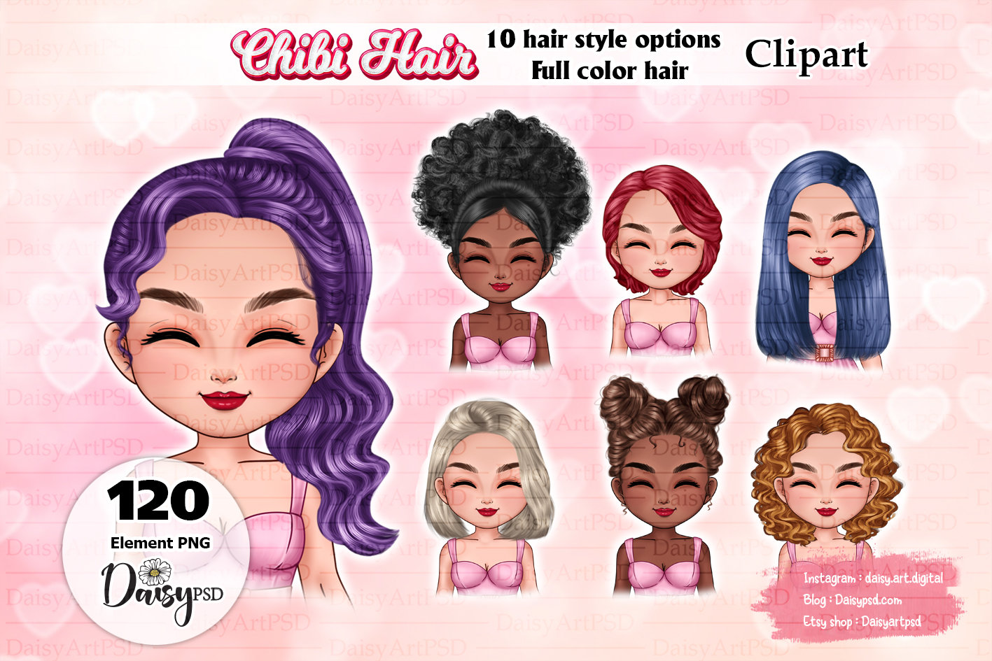 Colorful Chibi Girl Hairstyles Clipart Set (PNG)