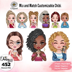 Clipart immagine ragazza personalizzata, set di clipart per la creazione di personaggi in stile Chibi personalizzati, clipart ragazza nera, cocktail, caffè, ragazza pianificatrice.