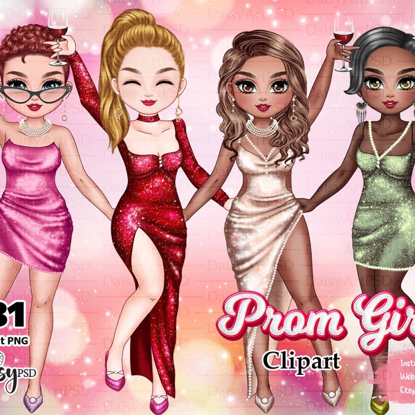 Prom Girl Clipart, Party Friends Drinking Cocktails Clipart, Best Friends, Soul Sisters, Sparkly Outfit Clipart, Customizable Clipart PNG