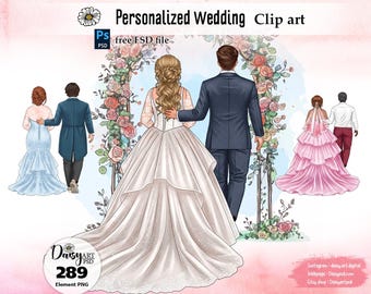May include: Digital clip art featuring a wedding theme. The image shows a bride and groom walking under a floral arch, with other couples in wedding attire. The text "Personalized Wedding Clip art" is at the top. The image includes the text "free FSD file".