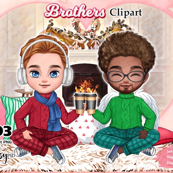 Brothers Drinking Coffee Clipart, Boyfriend Clipart, Wool Pajamas Clipart, Winter Clipart, Christmas Clipart, Digital Download.