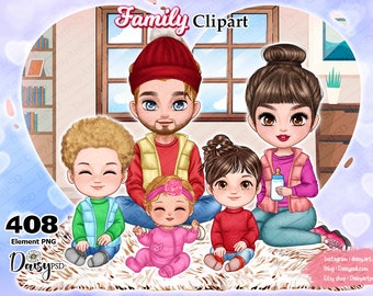 Winter family Sitting Clipart, Custom Big Family, Mom Dad Daughter Son and Baby Clipart, Custom Family Portrait.