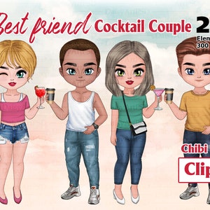 Mejores amigos Chibi Clipart, Pareja, Mejor Amigo Masculino, Mejor Amigo Femenino, Cóctel DIY, Moda de Verano, Ilustraciones Digitales.