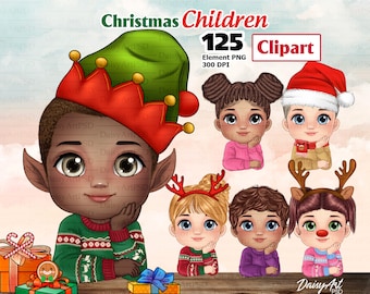 Clipart kerstchibi kinderen: trui kinderen, png (digitale download)