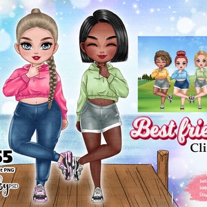 Best Friends Clipart, Curvy girl Chibi Clipart, Fashion Girl Clipart, Sisters png, Sisterhood, Hello Summer Png, Afro Girls Sublimation