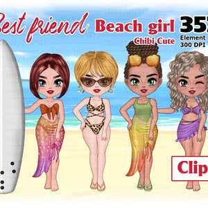 Migliori amici Summer Chibi, Beach girl, Friend Summer clipart, Summer Girls png, Beach Tropical, Soul Sisters clipart PNG