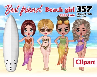 Friends Summer Beach Girls Chibi Clipart (Digital Download)