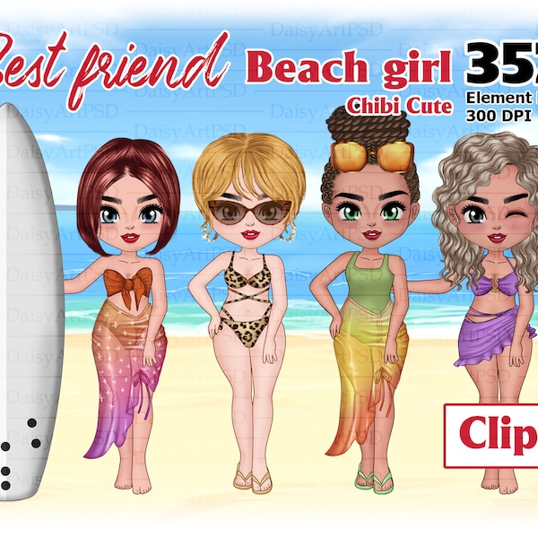 Best Friends Summer Chibi, Beach girl, Friend Summer clipart, Summer Girls png, Beach Tropical, Soul Sisters clipart PNG