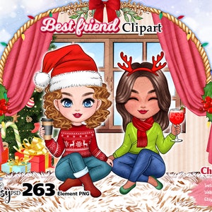 Natale Migliori amici Seduto chibi cute clipart, Besties clipart, cocktail ragazza di Natale, Soul Sisters clipart, clipart personalizzabile PNG