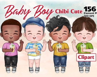 Imágenes prediseñadas de niños estilo chibi, diseño PNG personalizable (descarga digital)