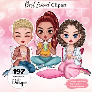 Imágenes Prediseñadas de mejor amigo, niña muñeca sentada, imágenes prediseñadas de hermana, imágenes prediseñadas de Bestie, imágenes prediseñadas de té de leche, imágenes prediseñadas de cóctel, planificador digital muñeca PNG.