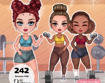 Gym Girls Chibi Clipart, Sport Friends PNG (Digital Download)