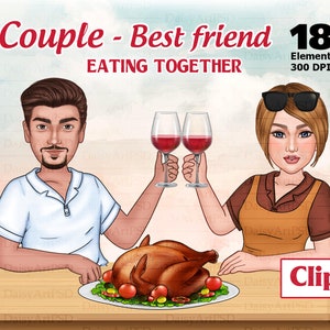 Pareja bebiendo cócteles Clipart, fiesta de amigos, familia. Retrato personalizado. Par Clipart, Ilustraciones digitales PNG