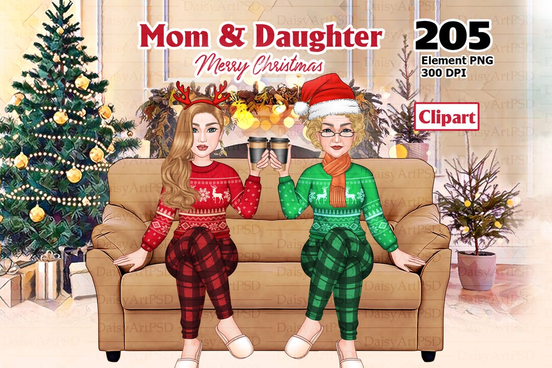 Mother and Daughter Christmas Clipart, Grandma and Granddaughter