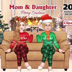 Clipart de Navidad de Madre e Hija, Vacaciones de Abuela y Nieta, Navidad Familiar, Madre e Hija juntas para siempre, Mejor Mamá