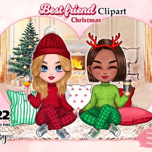 Best friends wool pajamas chibi cute clipart, Besties Christmas clipart, Xmas girl cocktail, Soul Sisters clipart, customizable clipart PNG