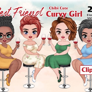 Best Friends Curvy Girls Bebiendo Cócteles Clipart, Besties Clipart, Girls Big Size Sitting, Fashion Girls Curvy, Soul Sisters, Clipart PNG