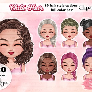 Women&#39;s Hairstyles Chibi, Girl Hairstyle Clipart Set 05, Woman Clipart, Colorful Hair, Custom female hairstyles PNG.