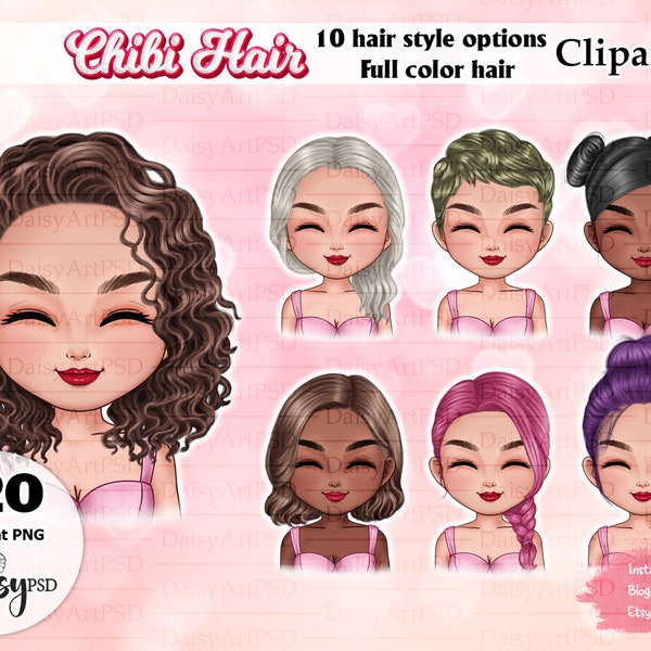 Women's Hairstyles Chibi, Girl Hairstyle Clipart Set 05, Woman Clipart, Colorful Hair, Custom female hairstyles PNG.