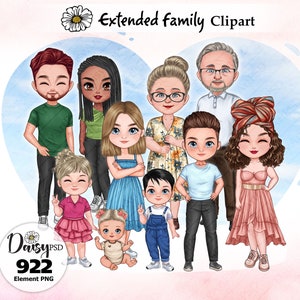 Família estendida Chibi Clipart Big Set, avô, avó, mãe, pai, filhos, bebê, adolescente, retrato de família personalizado.