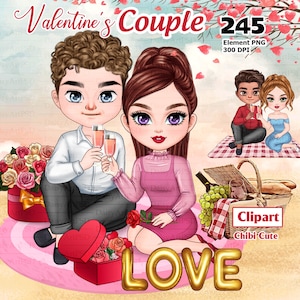 Valentine Couple Chibi, Valentine Romantic Date Clipart, Süßes Chibi Paar Cocktail Drinks, personalisierbares Paar, Beste Freundin PNG.