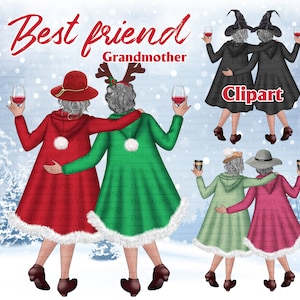 Navidad Mejores amigas Abuela, Ancianas clipart, Mujeres de invierno. Besties clipart, soul sisters clipart, Women digital clipart.