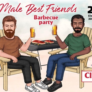 Clipart de barbacoa: "Clipart de los mejores amigos de los hombres". Campamento personalizado, Moda de verano Hombre de mediana edad, Clipart de viaje, Regalos personalizables.