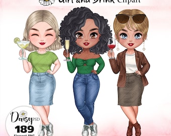 Clipart amis buvant des cocktails, filles de mode (téléchargement numérique)
