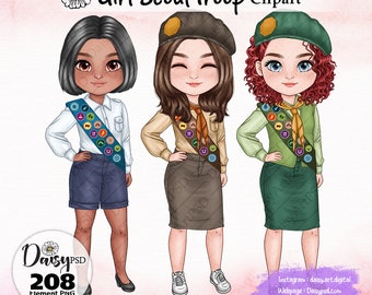 Girl Scout Troop Clipart, Girl Scout PNG Clipart, Girl Scout Friends, School Girls, Brownie Scout, Scouting Digital.