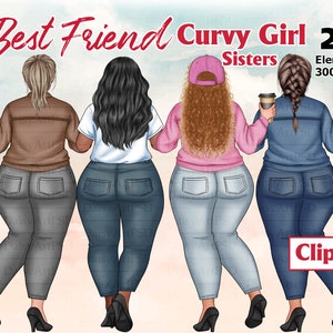 Best Friends Curvy Girl Clipart, Girl Drinking Coffee, Sisters Together, Cocktails Fashion Girls, Soul Sisters clipart, customizable PNG