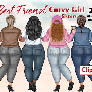 Best Friends Curvy Girl Clipart, Girl Drinking Coffee, Sisters Together, Cocktails Fashion Girls, Soul Sisters clipart, customizable PNG