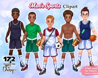 Clipart de deportes masculinos: fútbol, béisbol y baloncesto (descarga digital)