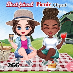 Picknick Mädchen Chibi Clipart. Sommermode. Beste Freunde. Reise-Cliparts. Geschenke Anpassbare Picknick. Digitale Illustrationen.