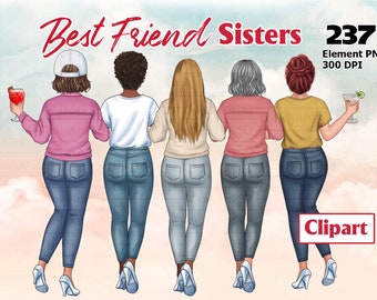 Clipart di amiche, ragazze alla moda, PNG personalizzabile (download digitale)