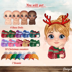 May include: A digital illustration set of 4 cartoon dolls, 10 Christmas sweaters, and 7 beanies. The dolls are wearing red reindeer antlers. The text "You will get:" is at the top of the image.
