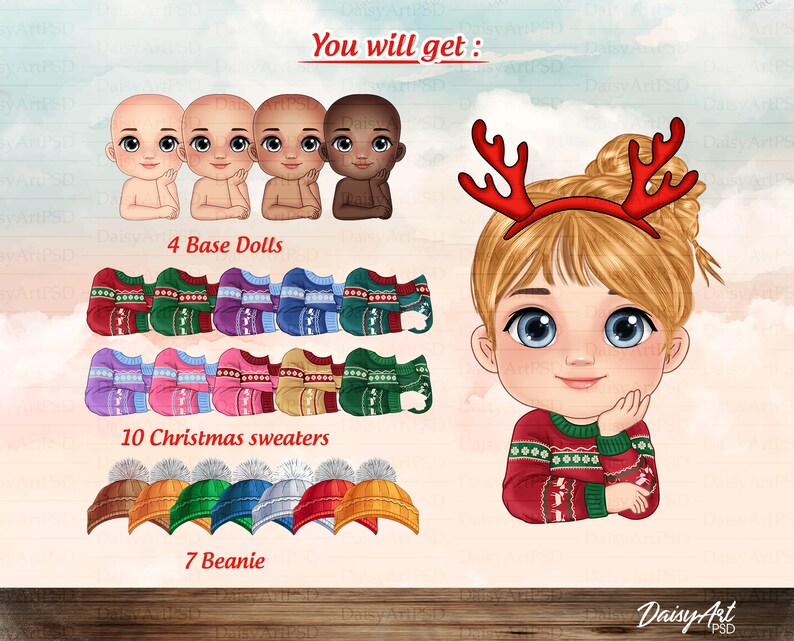 May include: A digital illustration set of 4 cartoon dolls, 10 Christmas sweaters, and 7 beanies. The dolls are wearing red reindeer antlers. The text "You will get:" is at the top of the image.