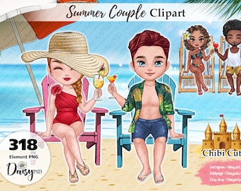 Beach Couple Clipart: Summer Cocktails, Tropical Friends (PNG Digital Download)
