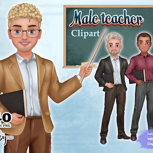 Imágenes Prediseñadas de maestro masculino, regreso a la escuela, hombre de aula Kawaii, imágenes prediseñadas de la escuela, informal de negocios, sublimación del maestro de escuela, imágenes prediseñadas de la oficina