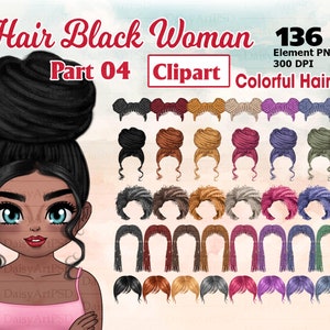 黒人女性チビ クリップアート バンドル、ヘア クリップアート、ナチュラル ヘア、ロング ヘアスタイル、編み込み、ロックス、ナチュラル ヘア、カーリー ヘア、カラフルなヘア クリップアート。