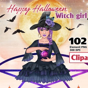 Witch Girl Clipart, Witch with Magic, Halloween Clipart, Witch sisters, Cute Witches, Halloween fashion, Cute Spooky Printable