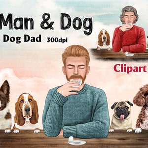 Best Friends Man and Dog - Dog Dad Clipart, Dog Lover Fashion Illustration, Man Coffee, Dog Dad Customizable, Dog Lover Pet Clipart.