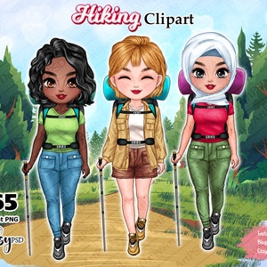Clipart z dziewczyną na wędrówce, Clipart z górską wędrówką, Clipart z najlepszą przyjaciółką na wędrówce, Clipart z dziewczyną na kempingu, Clipart z górami, Natychmiastowe pobieranie.